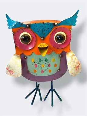 Colorful Metal Owl Statue - Bright Orange, Teal, Pink Spring Decor